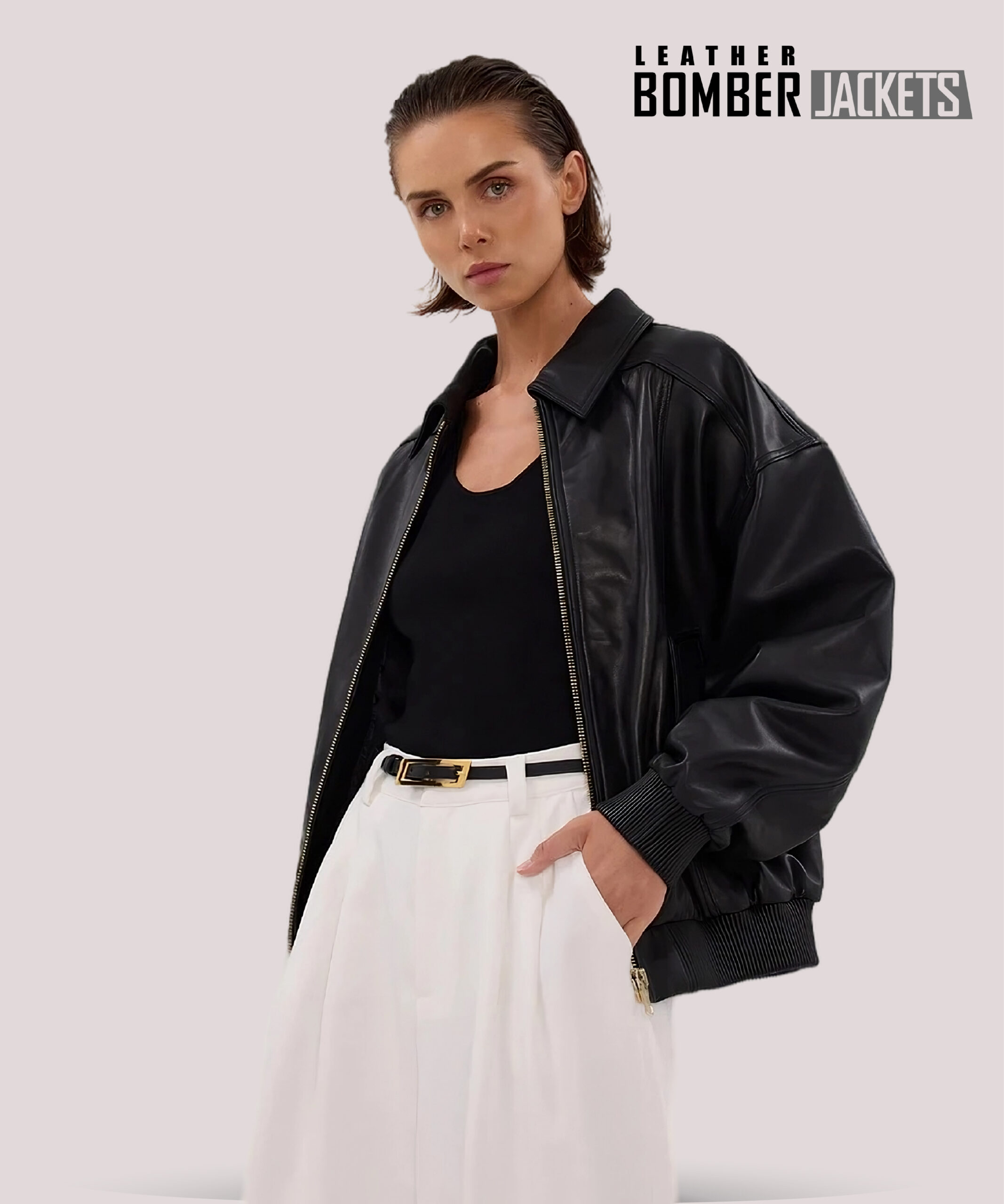 Model-wearing-vintage-oversized-leather-bomber-jacket-brushed-gold-zipper-urban-fashion-leather-bomber-jacket-black-shop-now-scaled