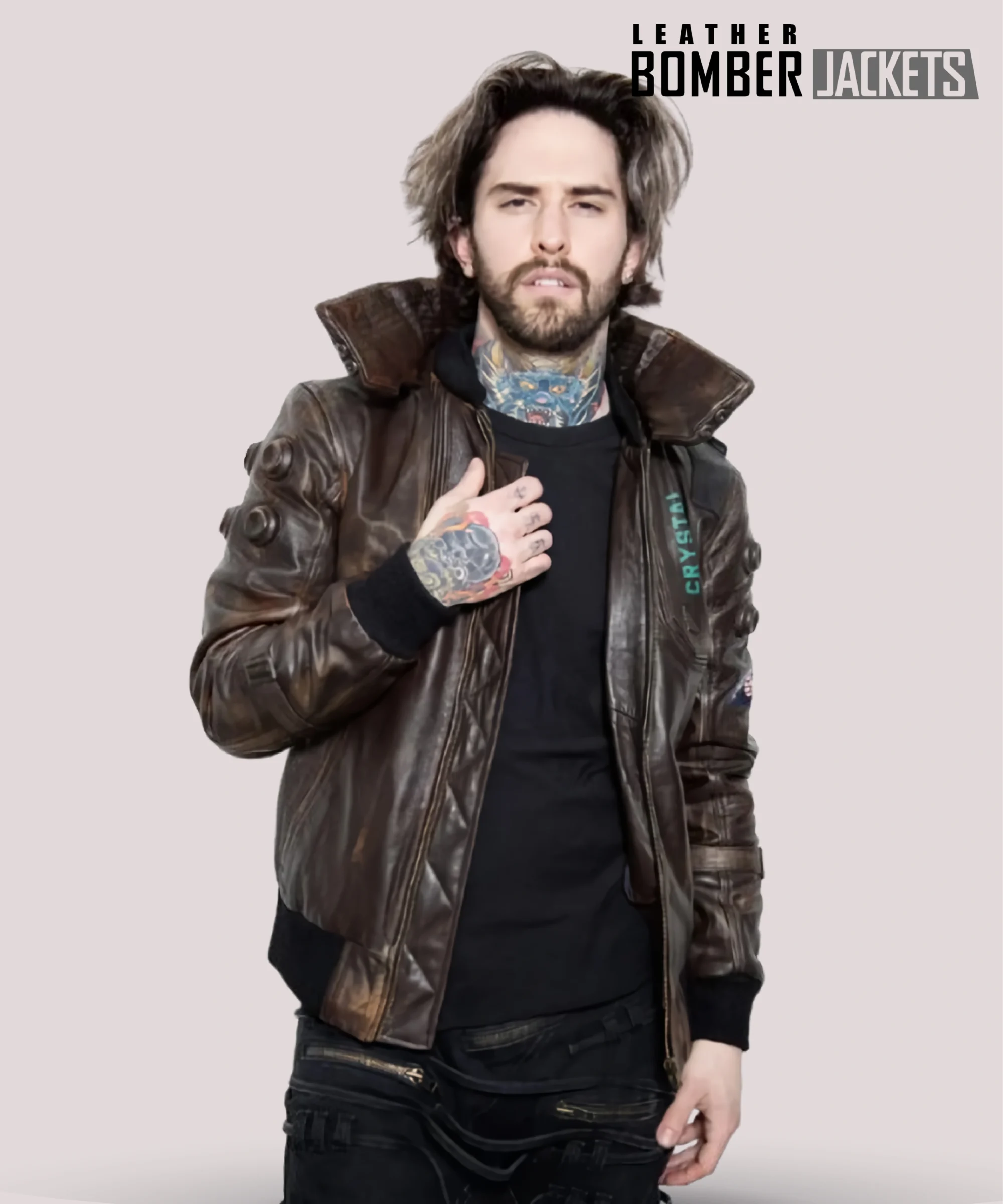 Brown-Cyberpunk-Samurai-Jacket-featuring-leather-bomber-style-cyberpunk-2077-inspired-design-and-iconic-samurai-printed-collar-for-mens-streetwear-fashion