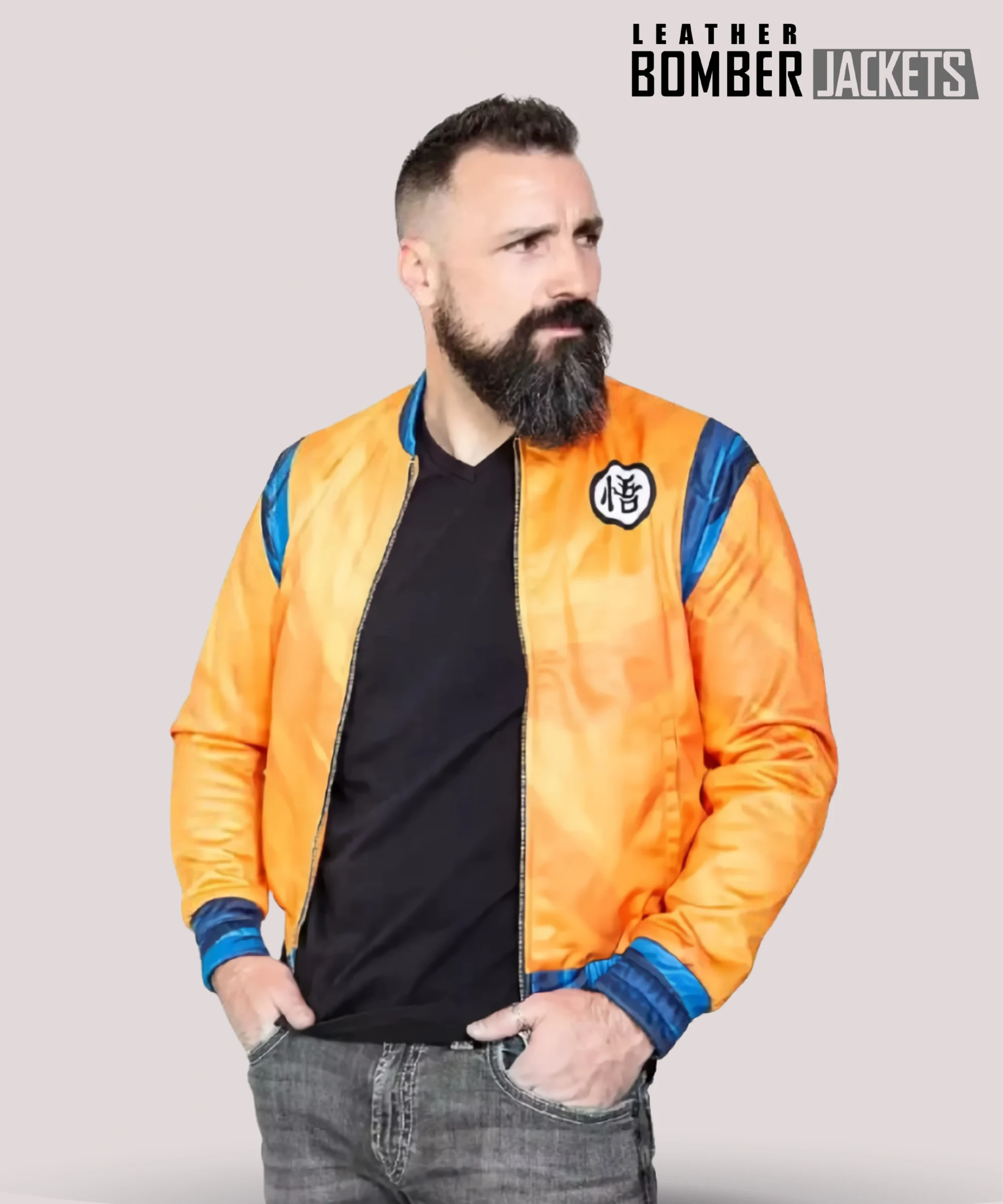 Close-up-of-Goku-bomber-jackets-bright-orange-fabric-and-detailed-embroidery-showcasing-authentic-anime-inspired-style-and-high-quality-craftsmanship