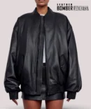 Close-up-of-lambskin-leather-texture-and-premium-zipper-on-Selena-Gomez-black-bomber-jacket-women-love-for-its-softness-and-high-end-finish