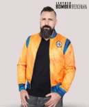 Front-view-of-Mens-Goku-orange-bomber-jacket-inspired-by-Dragon-Ball-Z-featuring-vibrant-colors-and-lightweight-design-perfect-for-anime-fans