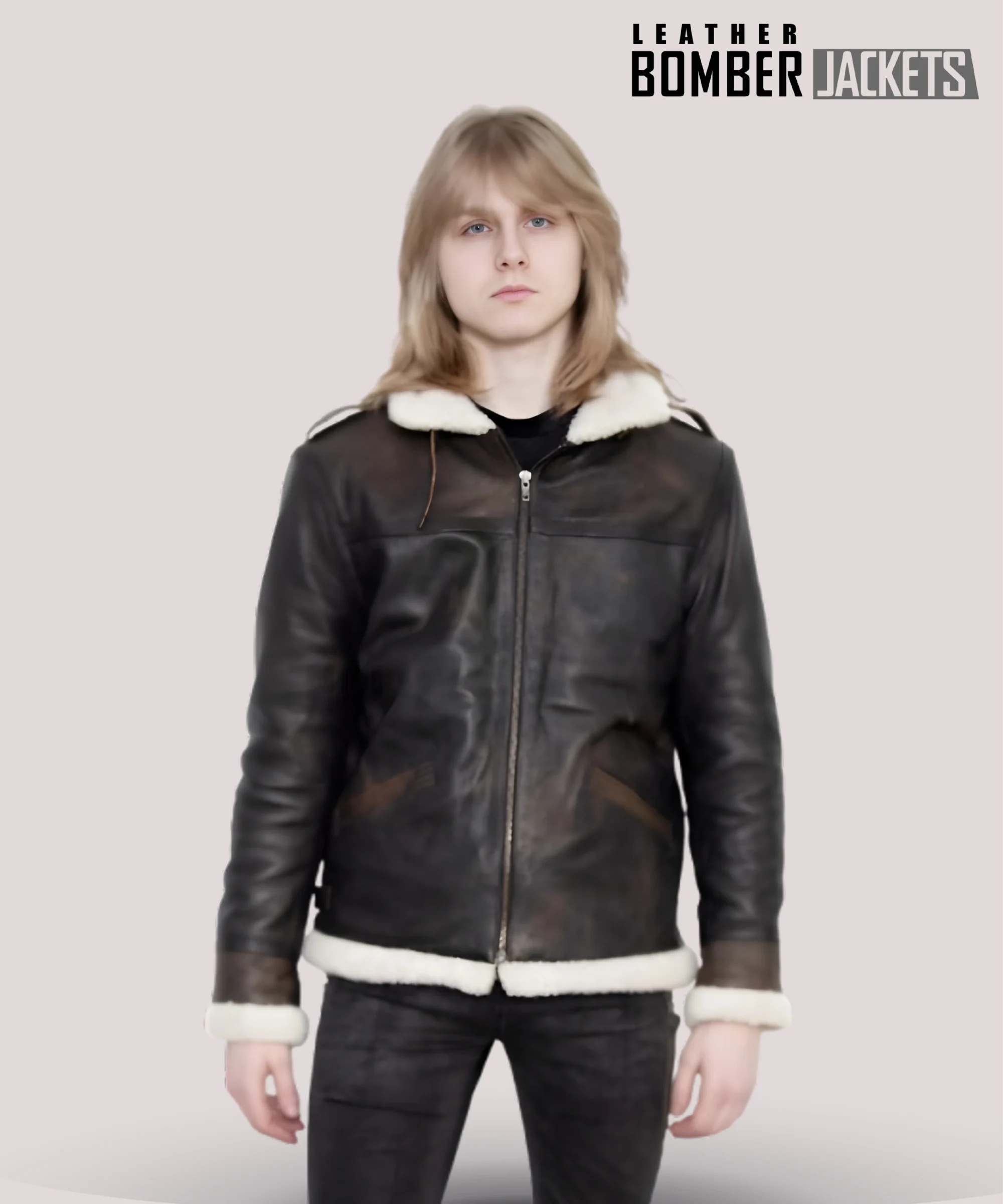 Front-view-of-Mens-Leon-Kennedy-RE4-brown-leather-jacket-with-shearling-collar-showcasing-classic-bomber-style-and-YKK-zipper-closure-for-durable-wear
