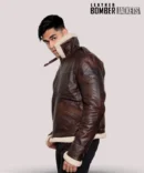 High-quality-craftsmanship-on-Leon-Kennedy-RE4-brown-bomber-jacket-featuring-genuine-sheepskin-leather-and-expert-stitching-details