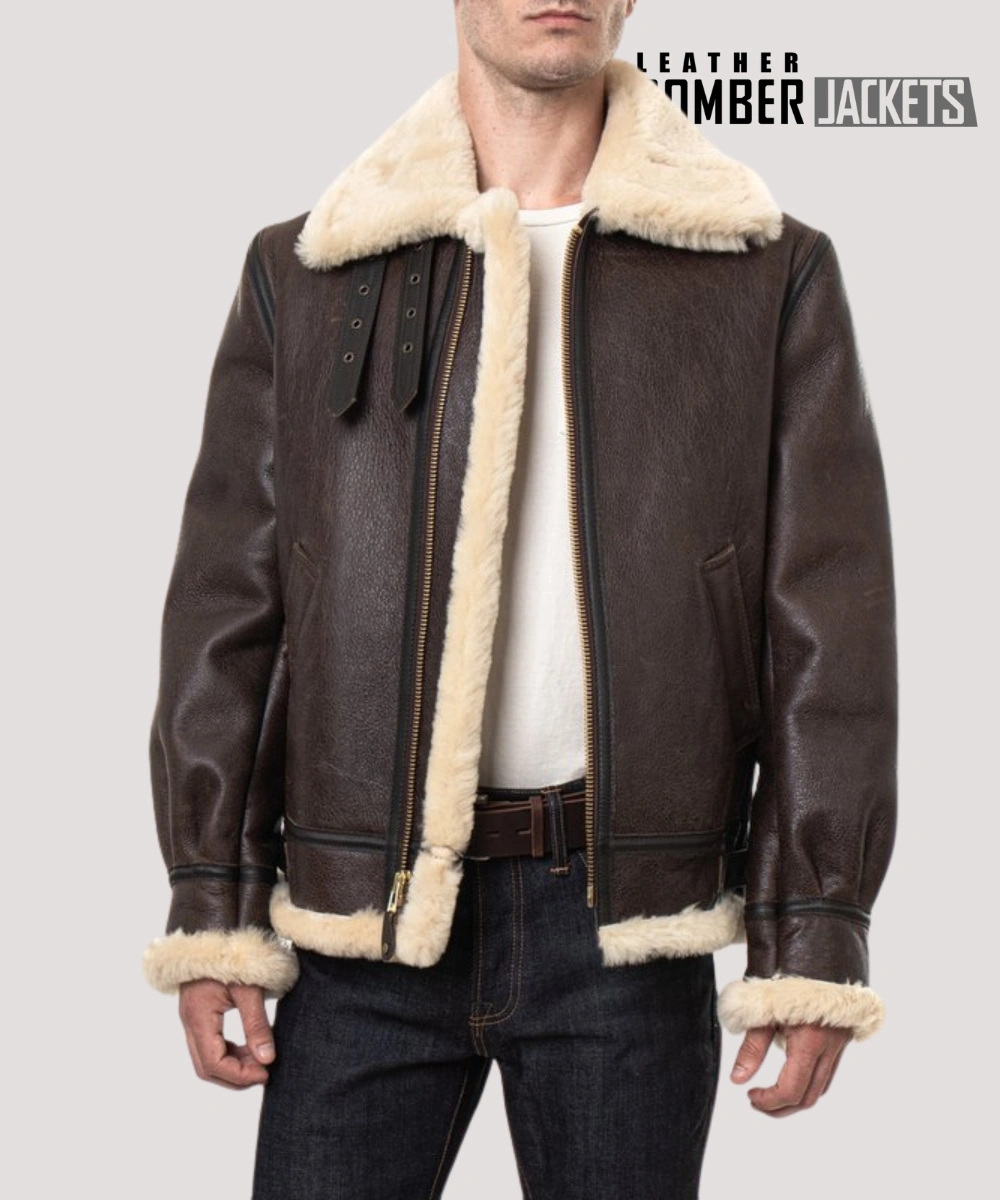 Mens-B3-Bomber-Jacket-showing-front-view-with-leather-welted-seams-two-front-handwarmer-pockets-and-a-classic-WWII-inspired-design-in-brown-leather