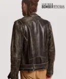 Back view of vintage brown leather bomber jacket for men, emphasizing tailored fit and authentic distressed marks on soft goatskin leather.