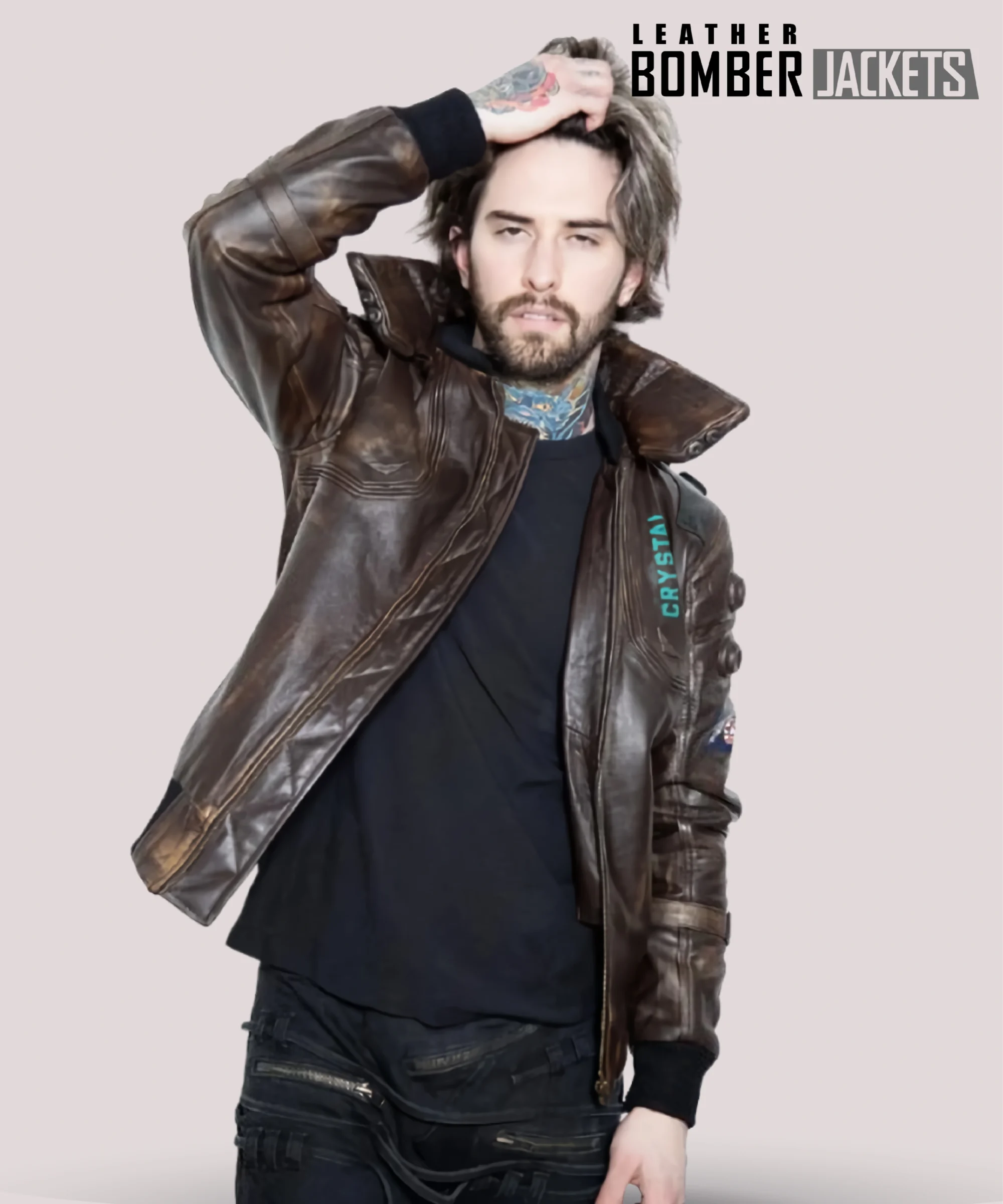 Mens-brown-Cyberpunk-Samurai-bomber-jacket-with-durable-goatskin-leather-front-zipper-closure-rib-knitted-cuffs-and-samurai-demon-print-on-the-back