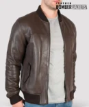 Mens-brown-leather-bomber-jacket-made-from-genuine-Nappa-leather-semi-fitted-with-ribbed-cuffs-and-zip-pockets-styled-for-smart-casual-outerwear
