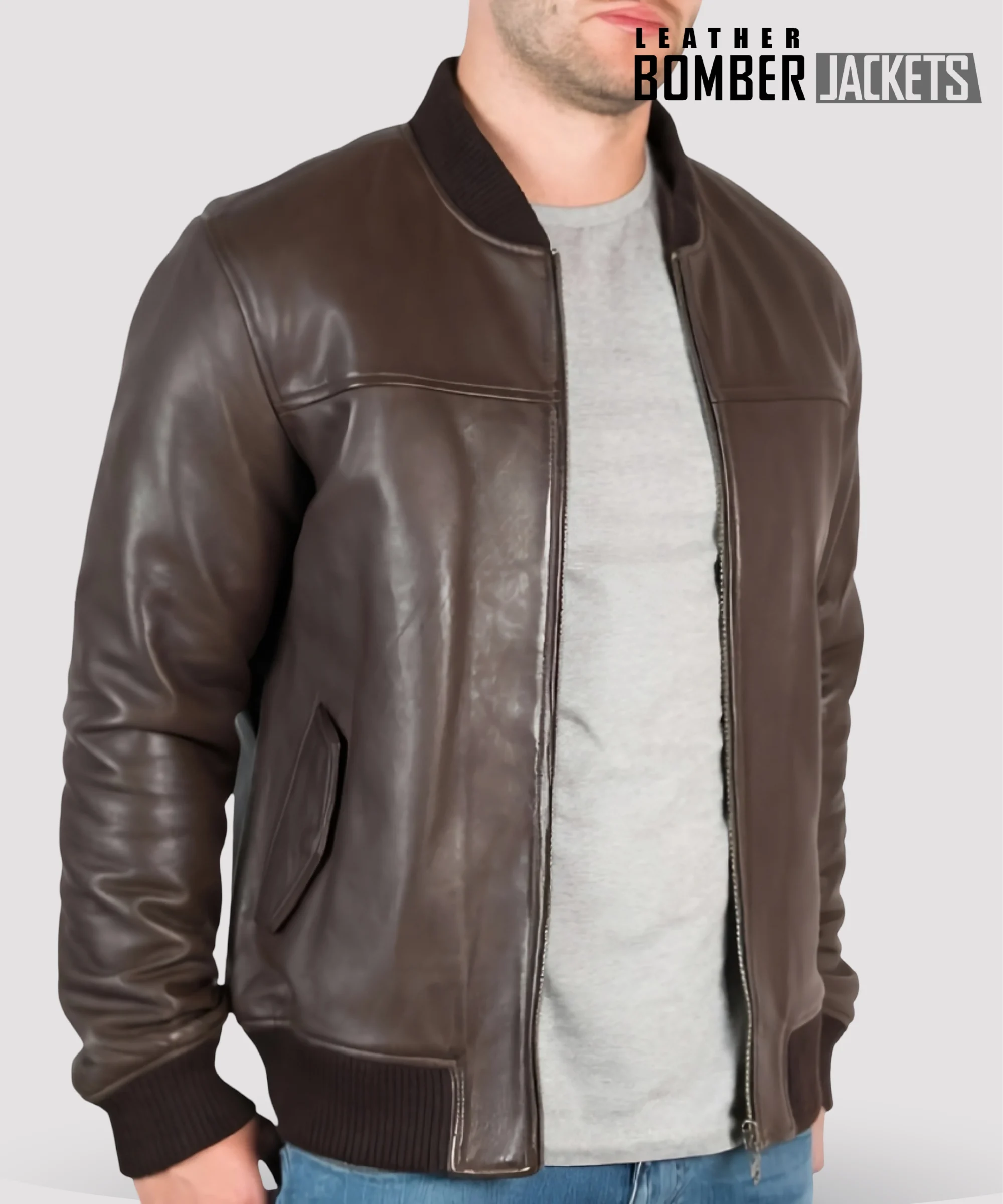 Mens-brown-leather-bomber-jacket-made-from-genuine-Nappa-leather-semi-fitted-with-ribbed-cuffs-and-zip-pockets-styled-for-smart-casual-outerwear