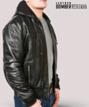 Side-profile-of-mens-black-leather-bomber-jacket-with-hood-slim-fit-cut-durable-full-grain-leather-casual-street-style-with-modern-edge
