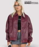 Trendy-maroon-leather-bomber-jacket-womens-style-with-ribbed-cuffs-and-pockets-perfect-for-everyday-wear-or-night-outings
